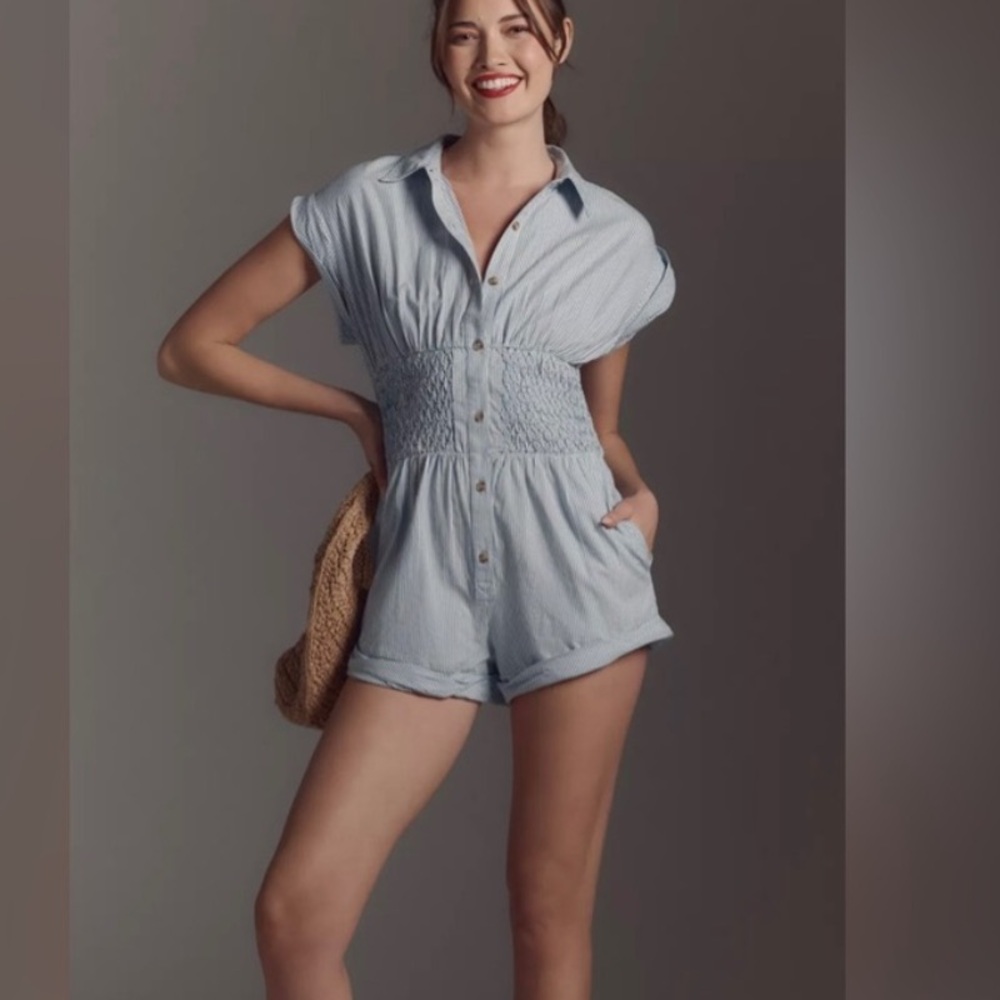 Anthropologie Light Blue Button-Up Romper